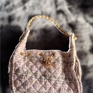 Tweed Quilted Handbag with Adjustable Gold Chain